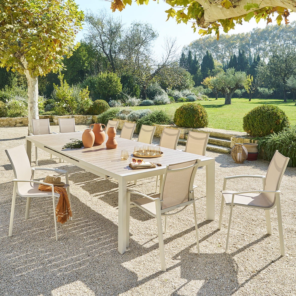 extendable garden table evasion wood effect linen clay