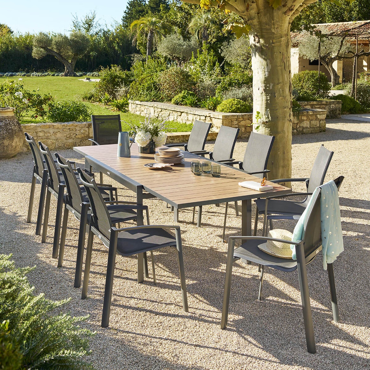 sliding extendable garden table evasion wood effect honey graphite