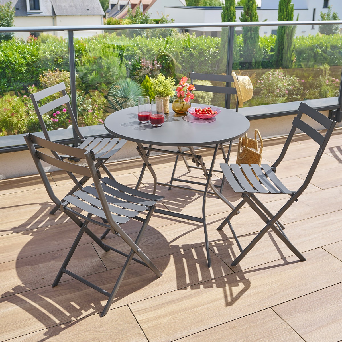 round garden table set graphite and 4 stackable chairs greensboro
