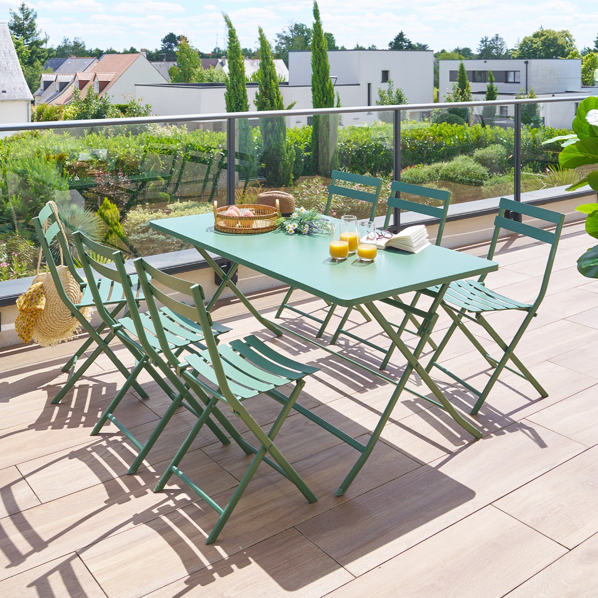 rectangular garden table set olive green and 6 stackable chairs greensboro