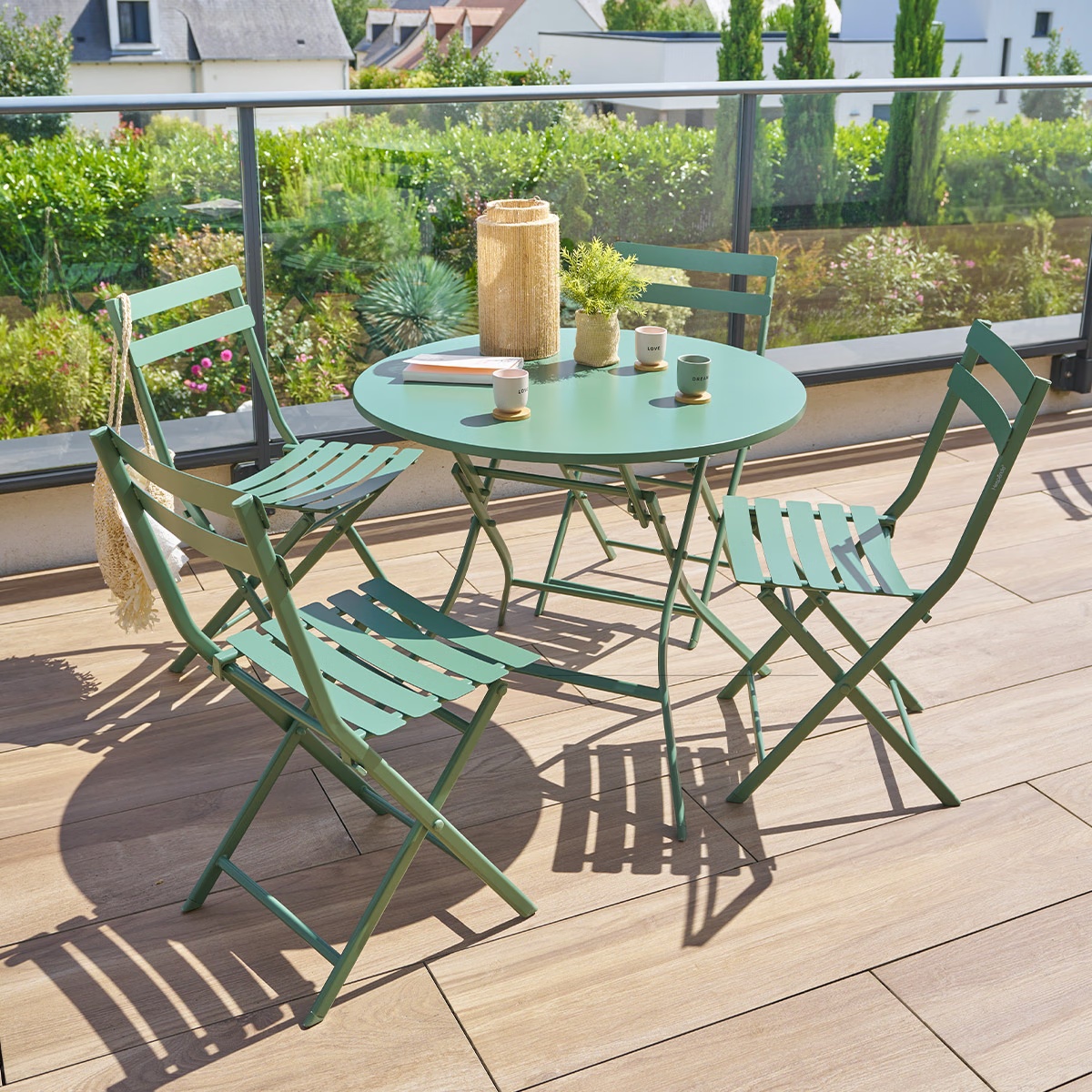 round garden table set olive green and 4 stackable chairs greensboro