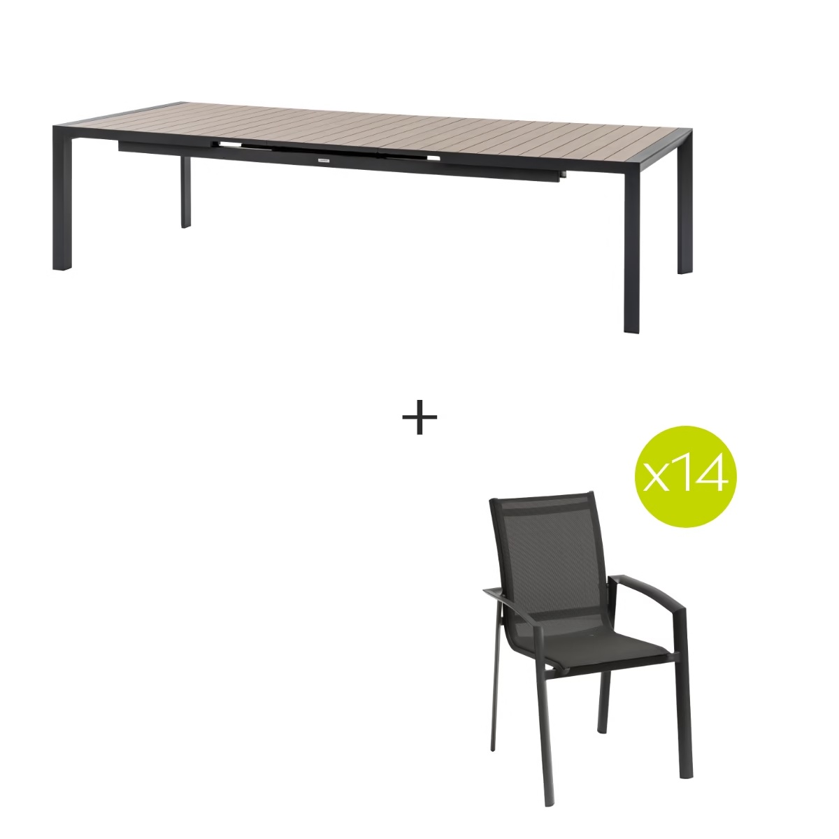 extendable garden table evasion honey graphite   14 stackable axant chairs