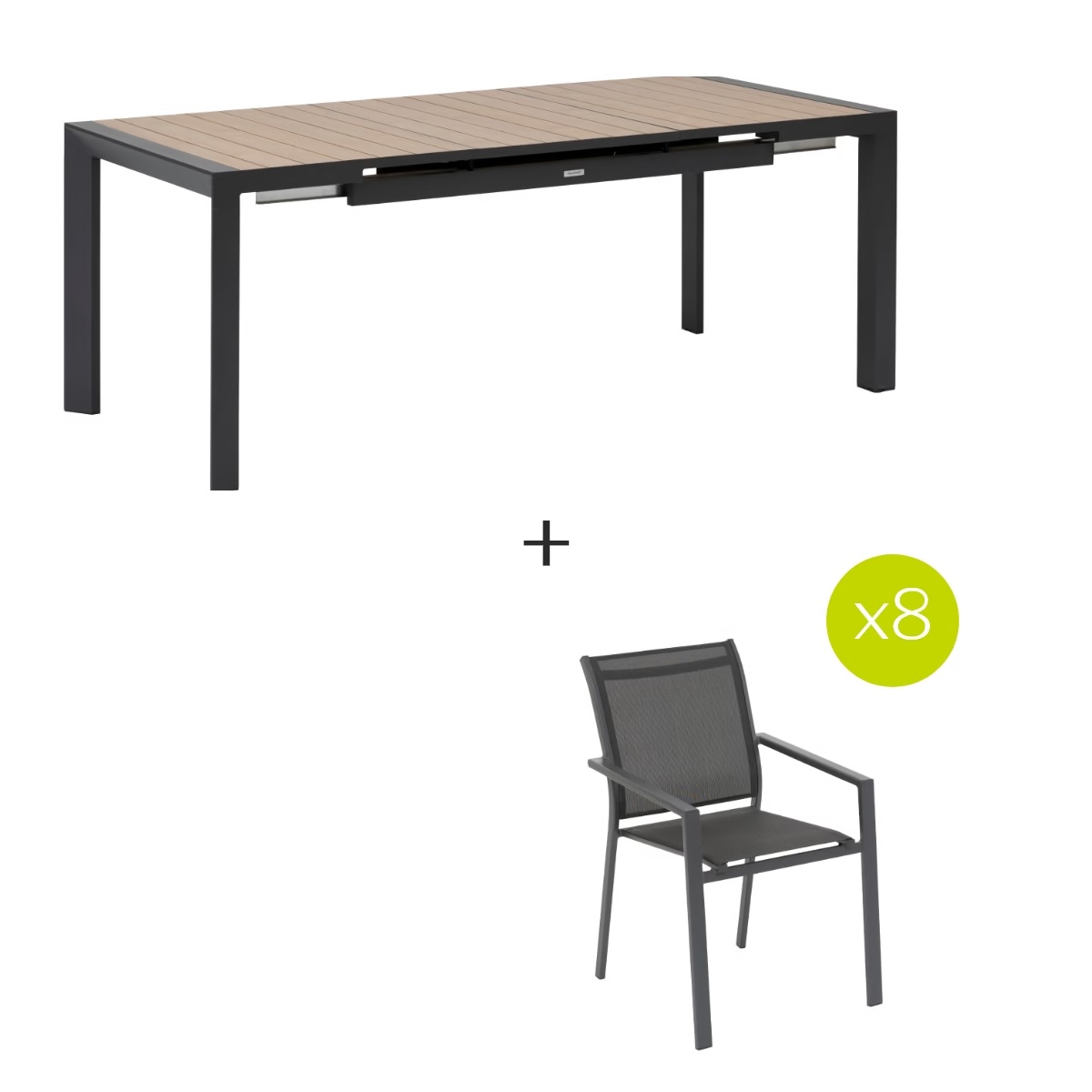 extendable garden table evasion honey graphite   8 stackable essentia chairs