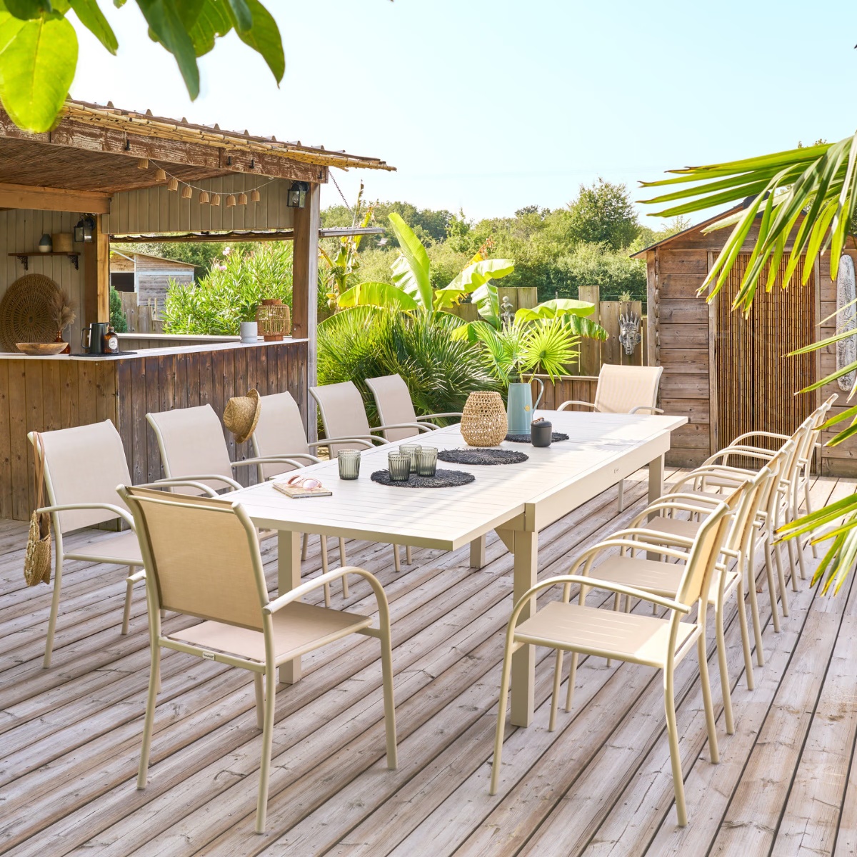 extendable garden table   12 stackable armchairs piazza clay