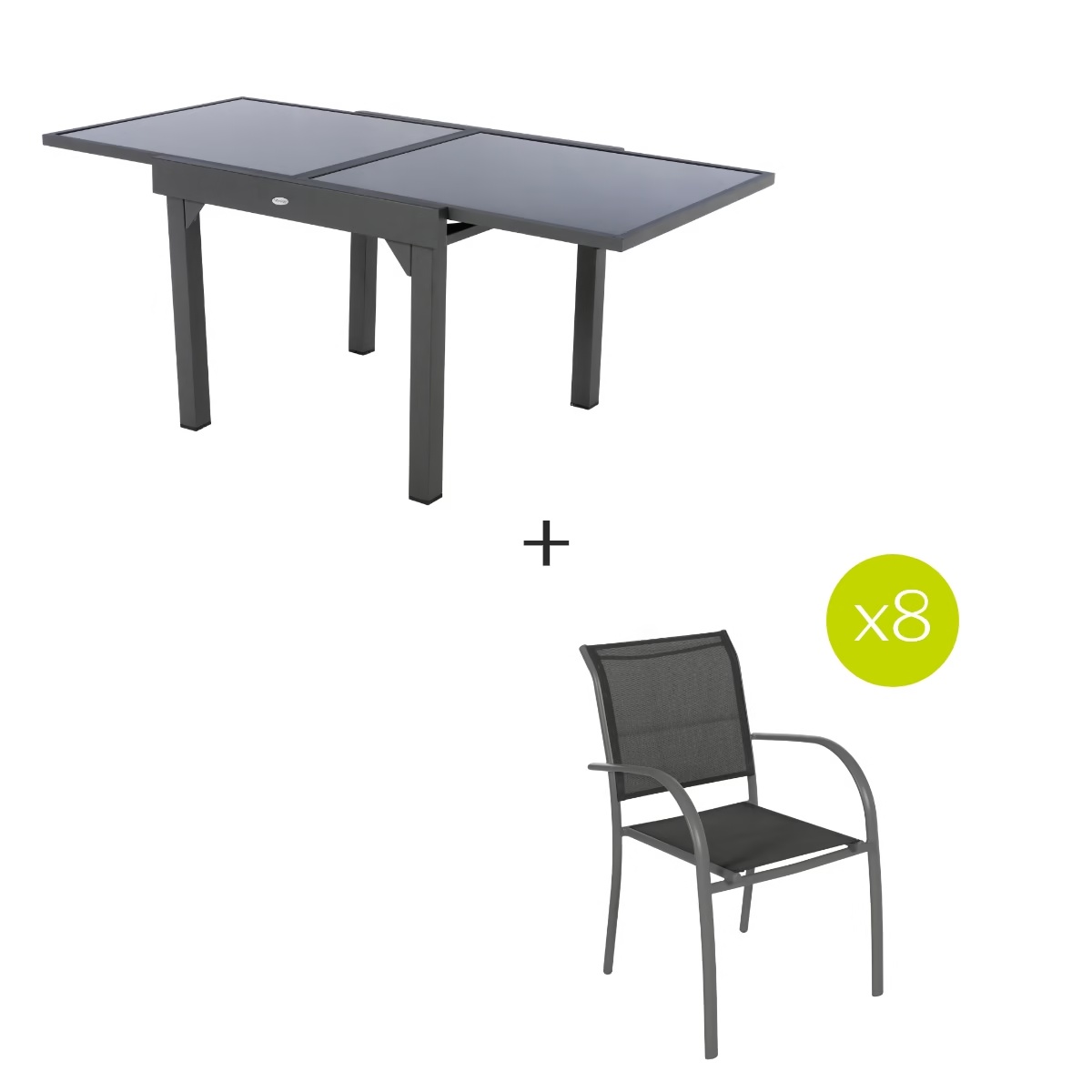 extendable garden table   8 stackable armchairs piazza graphite