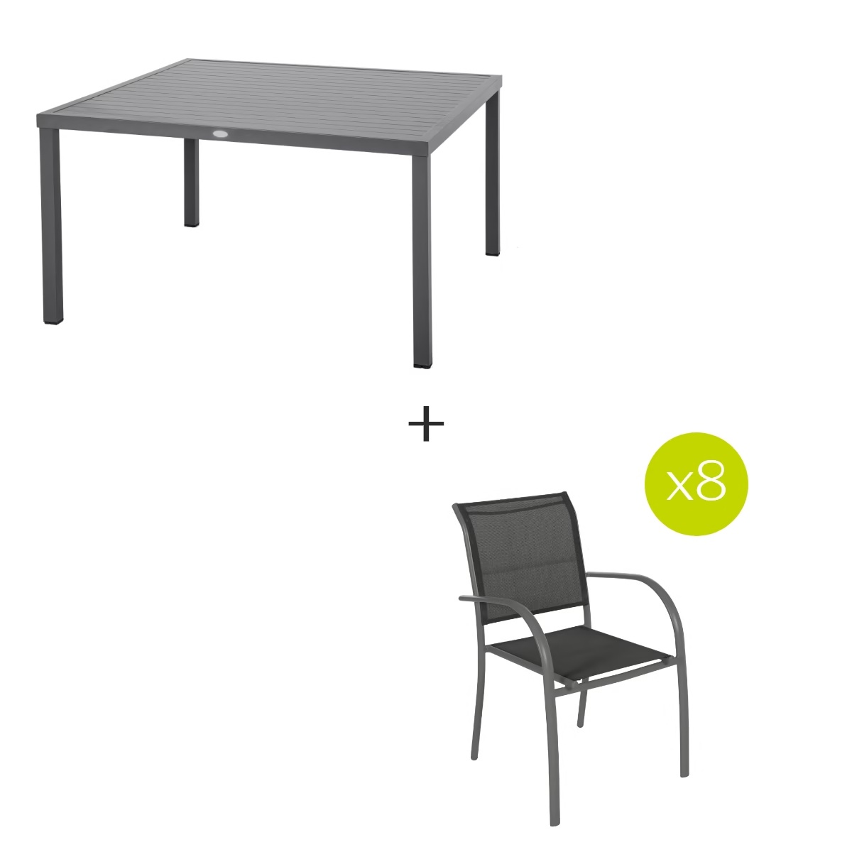square garden table   8 stackable armchairs piazza graphite
