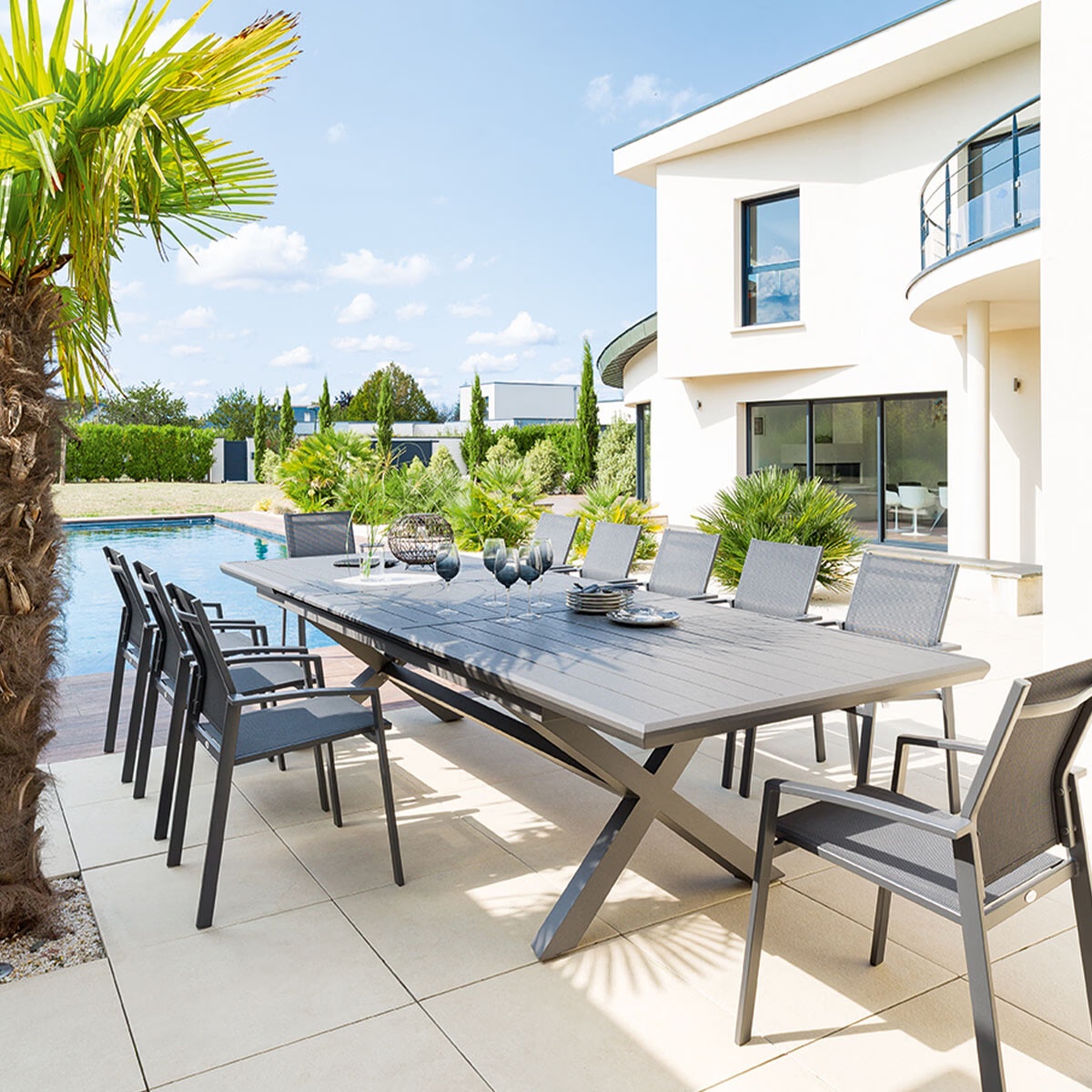 extendable garden table axiome slate grey granite effect
