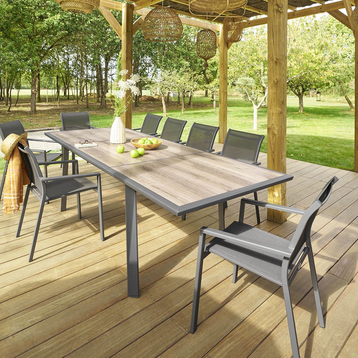 extendable garden table pavane pecan graphite grey