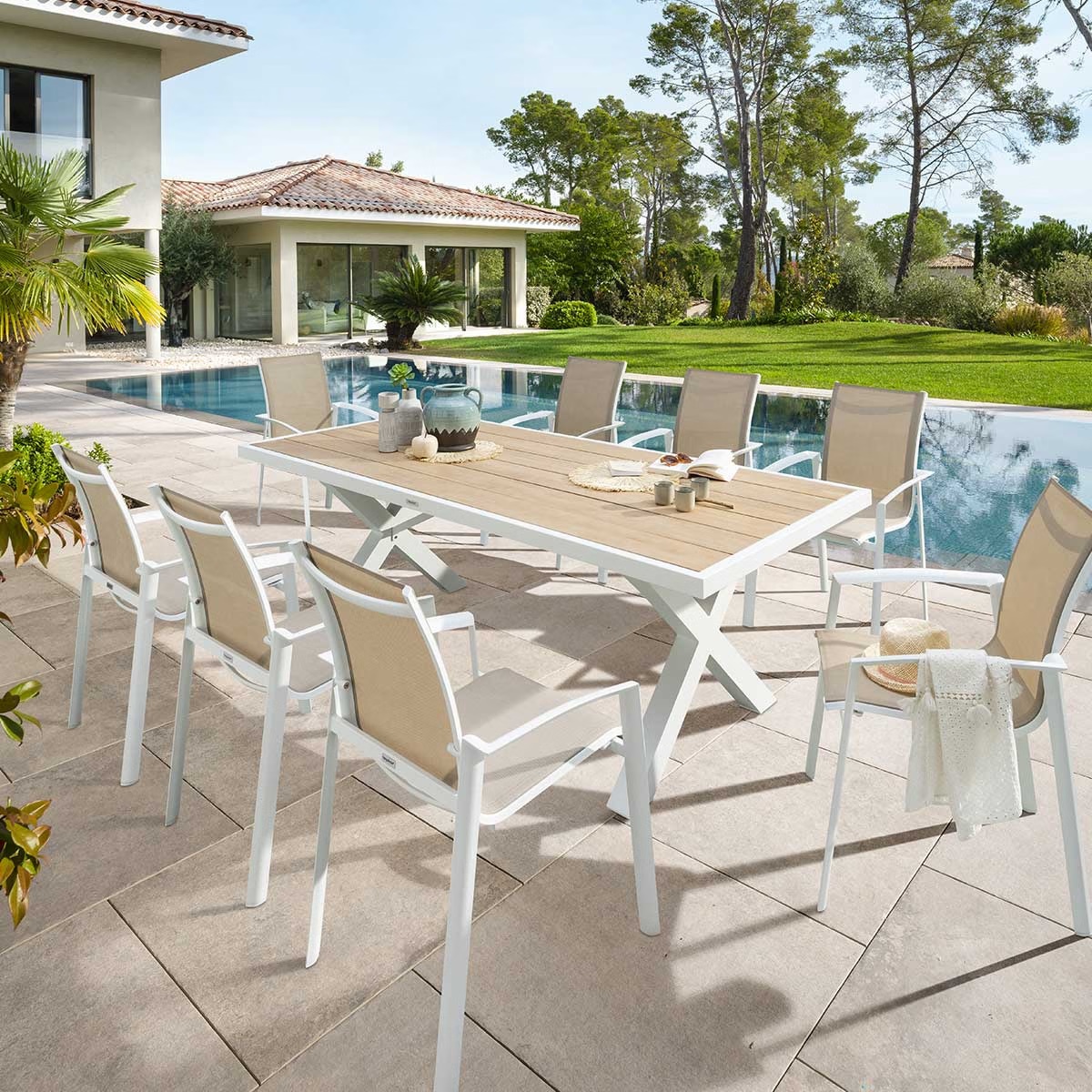1 garden table emperia white   8 stackable armchairs axant