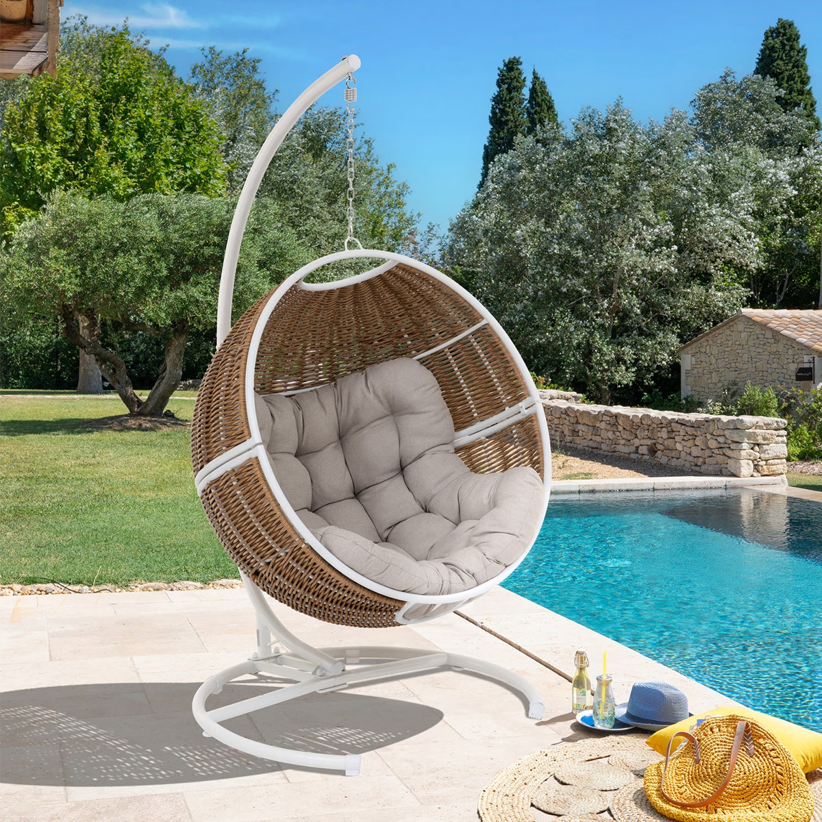 egg shaped hanging chair orbiana taupe white