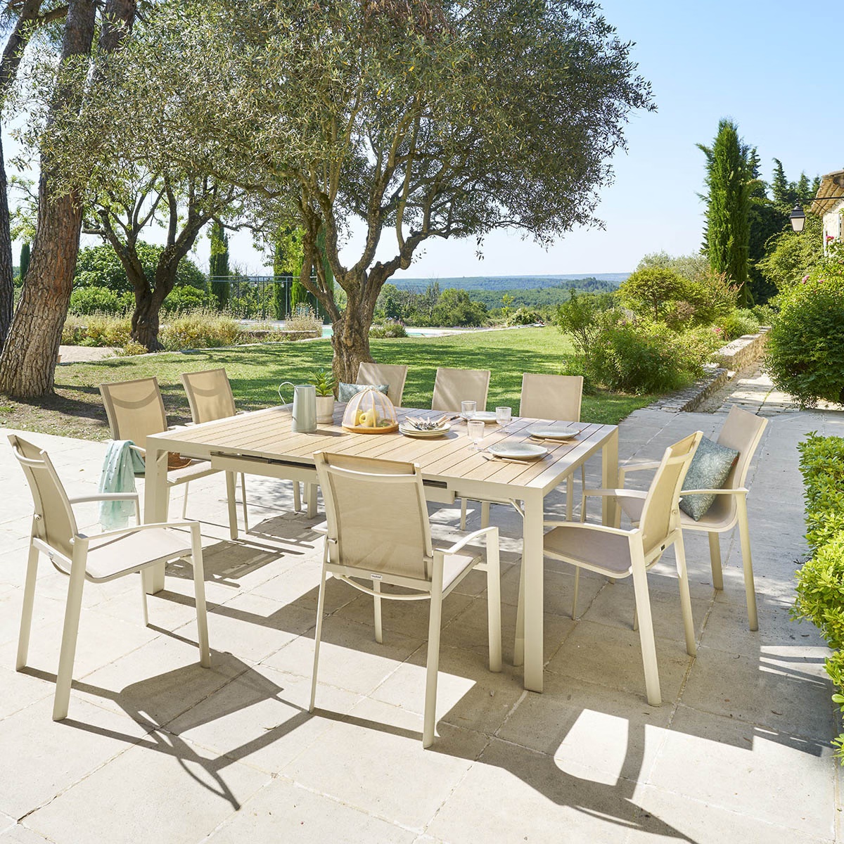square extending garden table evasion wood effect linen clay