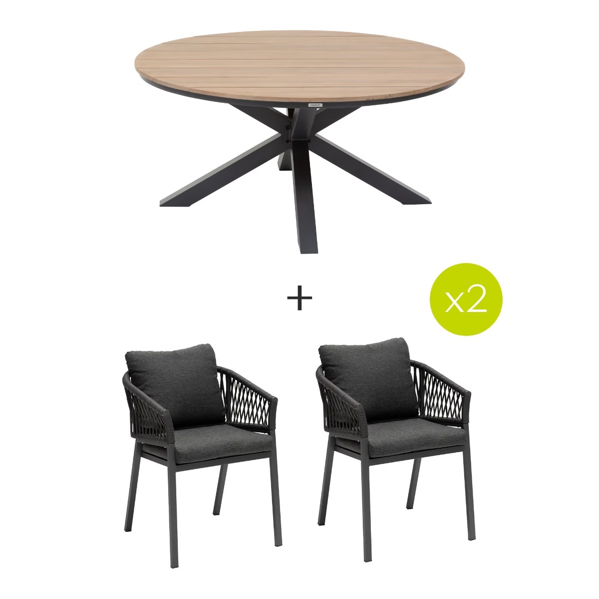 1 round garden table oriengo acacia graphite   4 stackable armchairs oriengo