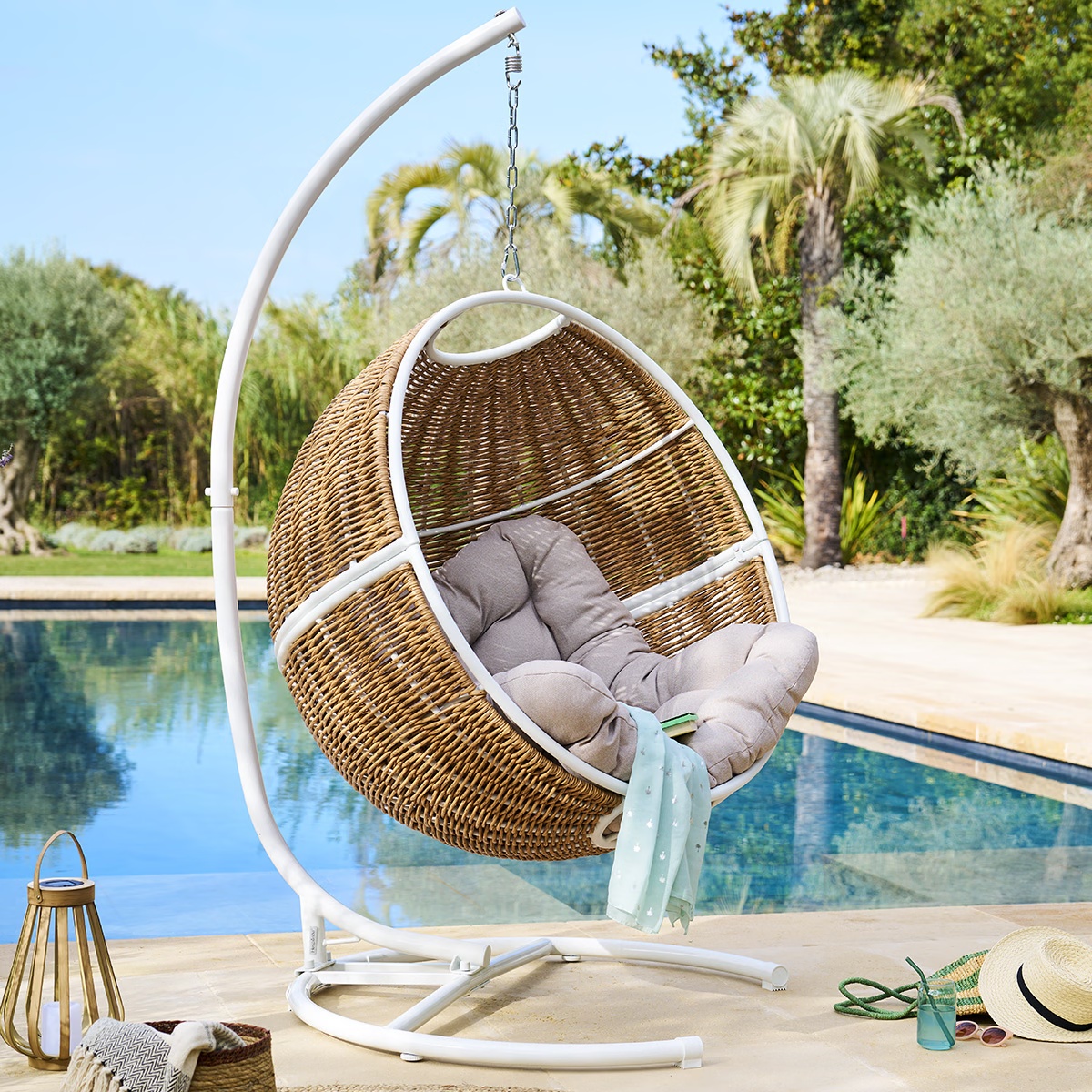 egg shaped hanging armchair orbiana taupe white   1 adjustable stand panao white